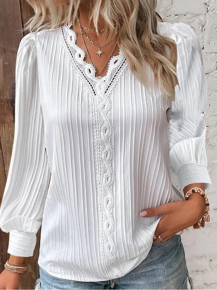 Camisa con costuras de encaje para mujer, jersey de manga larga con cuello en V y costuras holgadas, camisa de gasa, Top de otoño, blusa de calle sencilla y elegante