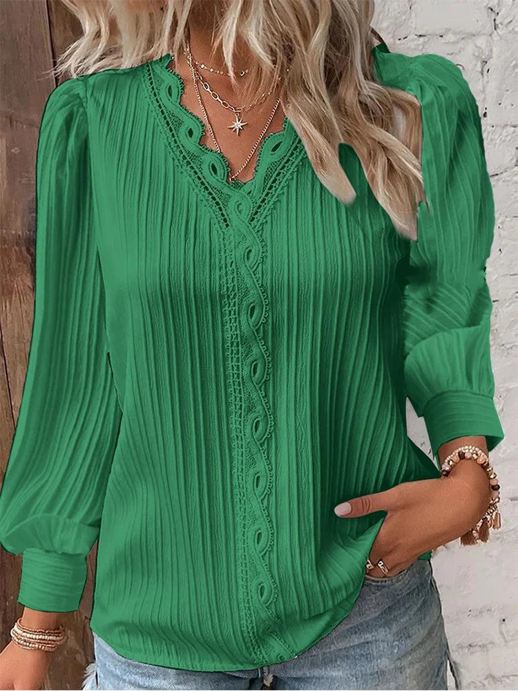 Camisa con costuras de encaje para mujer, jersey de manga larga con cuello en V y costuras holgadas, camisa de gasa, Top de otoño, blusa de calle sencilla y elegante