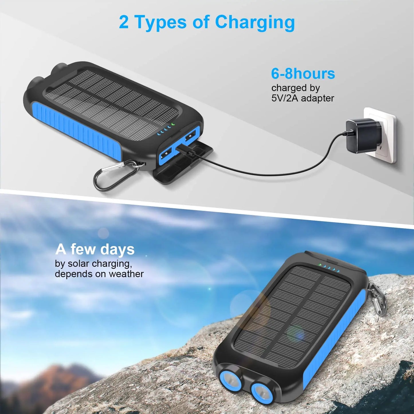 Banco de energÃa Solar de 10000mAh, portátil, resistente al agua, carga rápida, USB Dual, cargador para exteriores, luz LED para acampar, senderismo y viajes