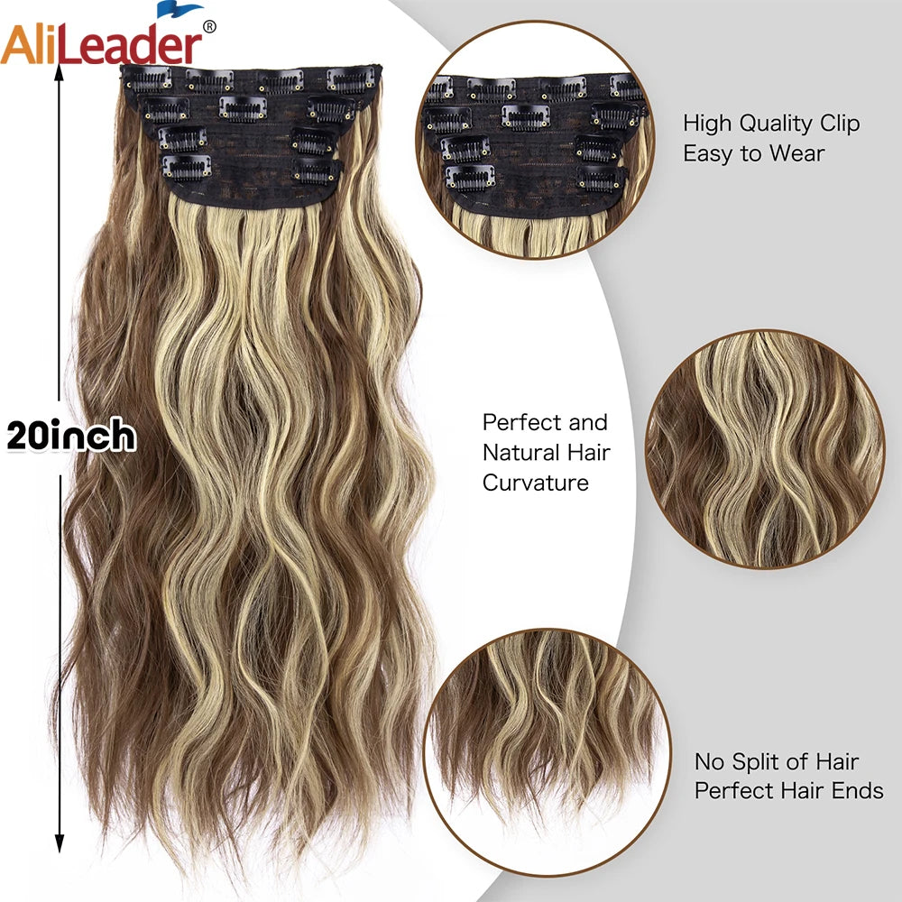 4 unids/set 20 pulgadas Clip de pelo sintético en postizos gruesos y largos ondulados para mujeres extensiones de cabello sintético de cabeza completa postizos ombré