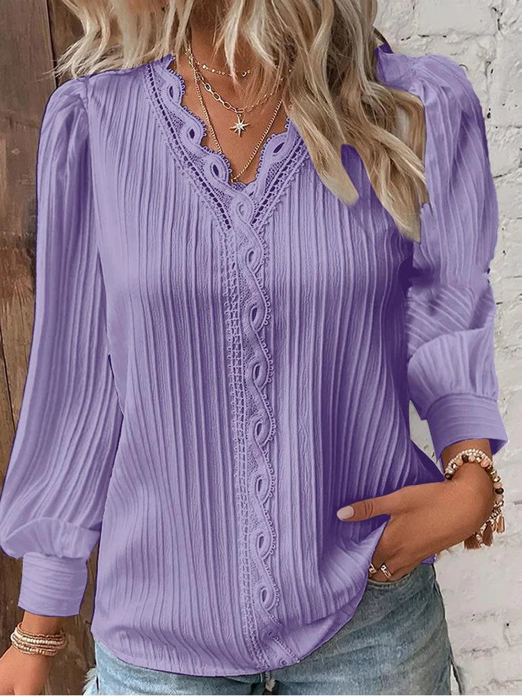 Camisa con costuras de encaje para mujer, jersey de manga larga con cuello en V y costuras holgadas, camisa de gasa, Top de otoño, blusa de calle sencilla y elegante