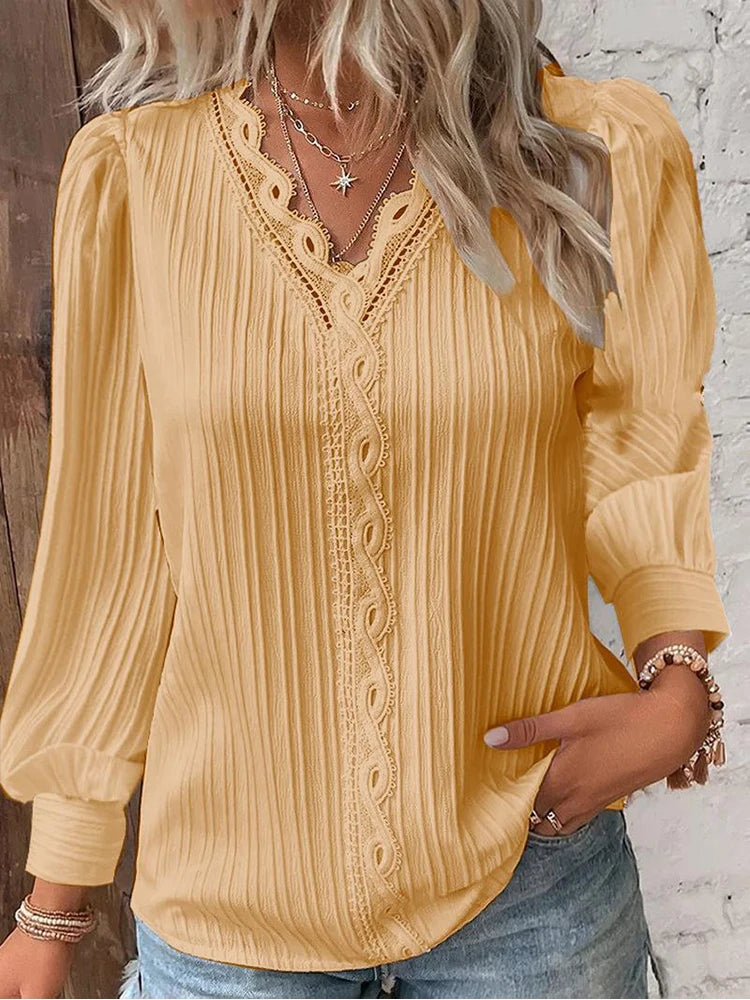 Camisa con costuras de encaje para mujer, jersey de manga larga con cuello en V y costuras holgadas, camisa de gasa, Top de otoño, blusa de calle sencilla y elegante