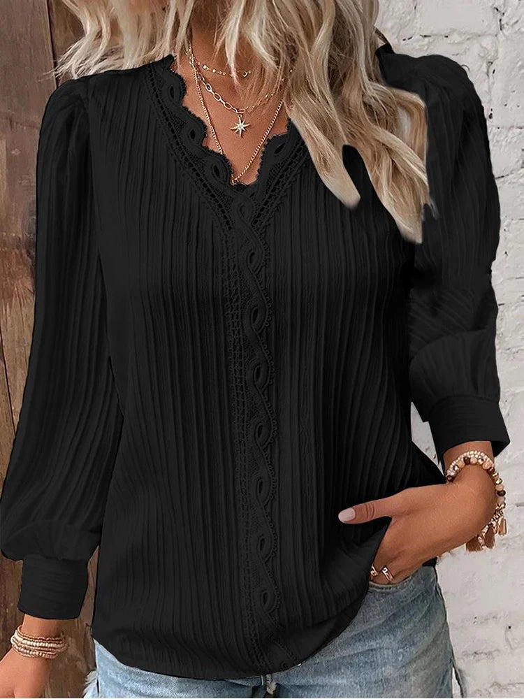 Camisa con costuras de encaje para mujer, jersey de manga larga con cuello en V y costuras holgadas, camisa de gasa, Top de otoño, blusa de calle sencilla y elegante