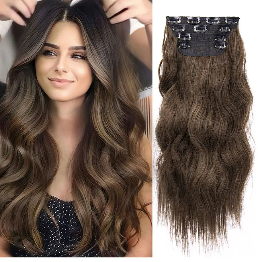 4 unids/set 20 pulgadas Clip de pelo sintético en postizos gruesos y largos ondulados para mujeres extensiones de cabello sintético de cabeza completa postizos ombré