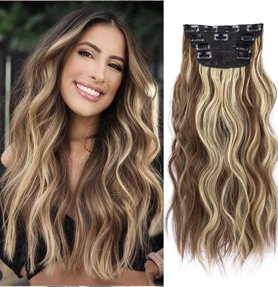 4 unids/set 20 pulgadas Clip de pelo sintético en postizos gruesos y largos ondulados para mujeres extensiones de cabello sintético de cabeza completa postizos ombré