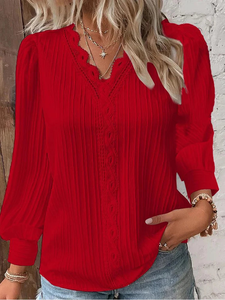 Camisa con costuras de encaje para mujer, jersey de manga larga con cuello en V y costuras holgadas, camisa de gasa, Top de otoño, blusa de calle sencilla y elegante
