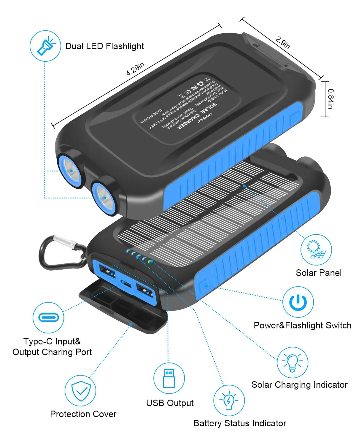 Banco de energÃa Solar de 10000mAh, portátil, resistente al agua, carga rápida, USB Dual, cargador para exteriores, luz LED para acampar, senderismo y viajes
