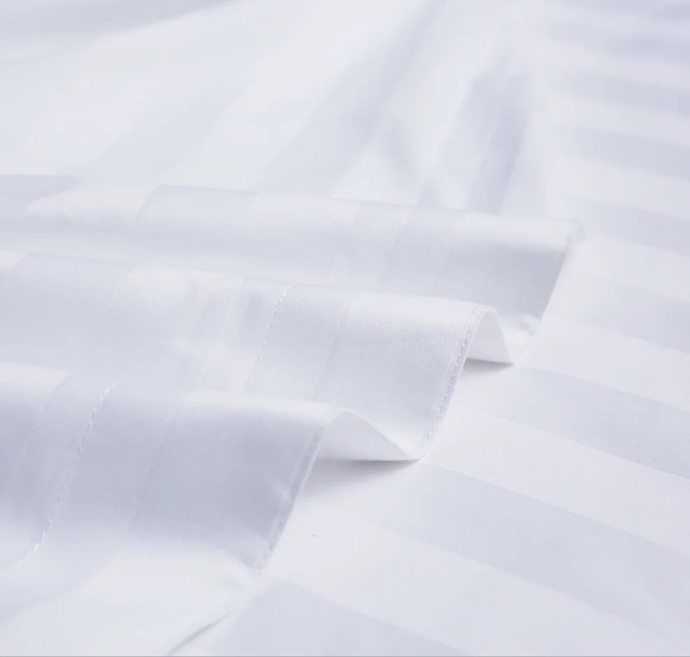 Juegos de cama de Hotel de algodón 100% con rayas de satén blanco, tamaño Queen y King, funda nórdica de Color sólido, sábanas, fundas de almohada, textiles para el hogar