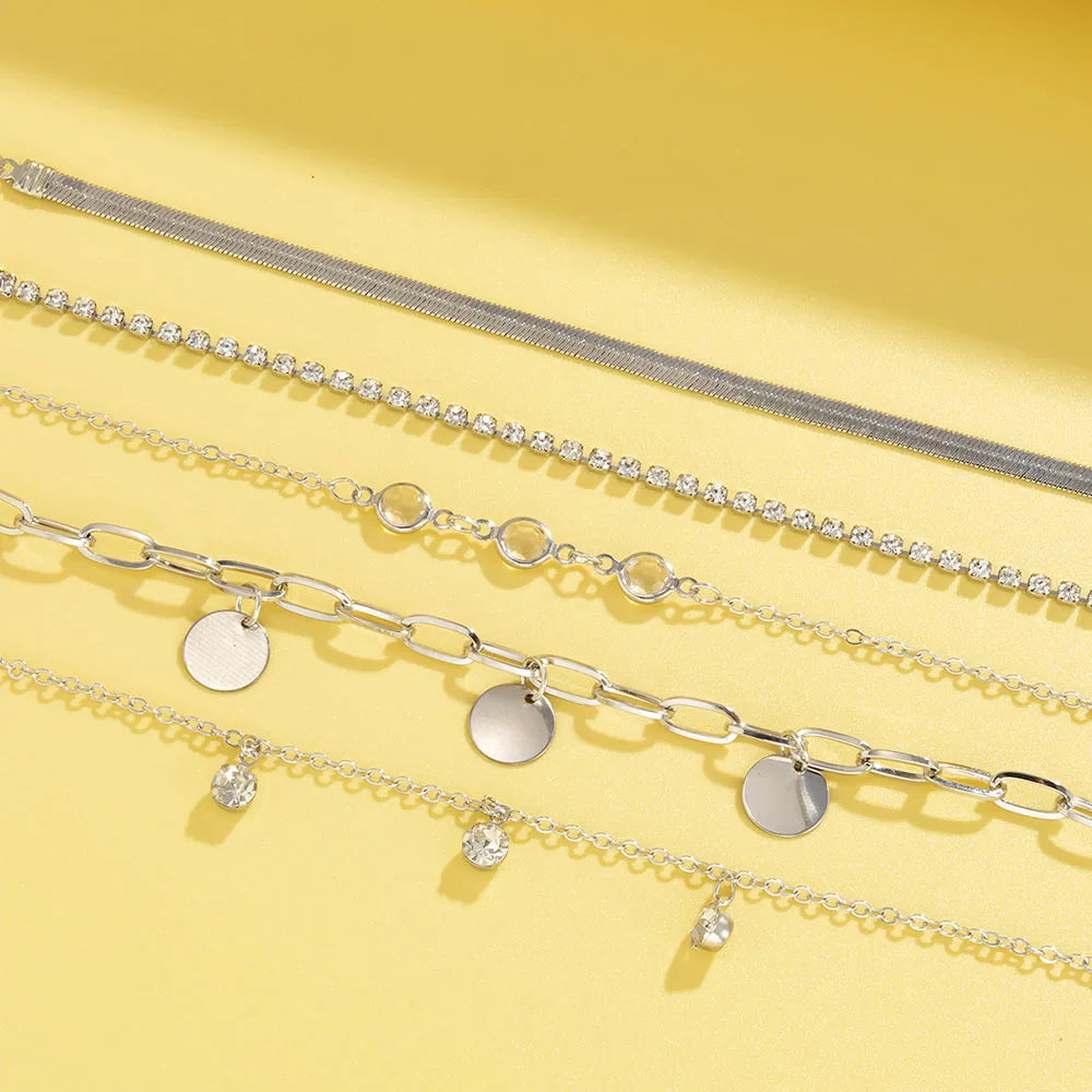 Conjunto de pulsera con colgante de lentejuelas y diamantes de imitación, cadena de hueso de serpiente plana bohemia, pulseras de moda geométricas para mujer, combinación de joyerÃa para niña