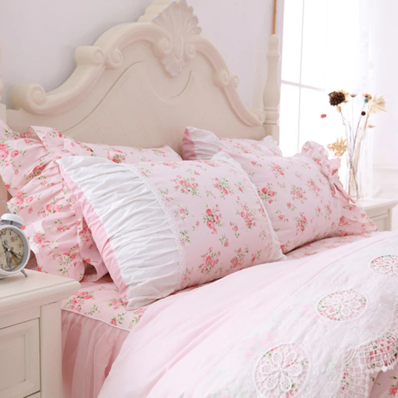 Juego de ropa de cama con estampado Floral para niñas, edredón con volantes de encaje, colcha, falda de cama, 100% algodón