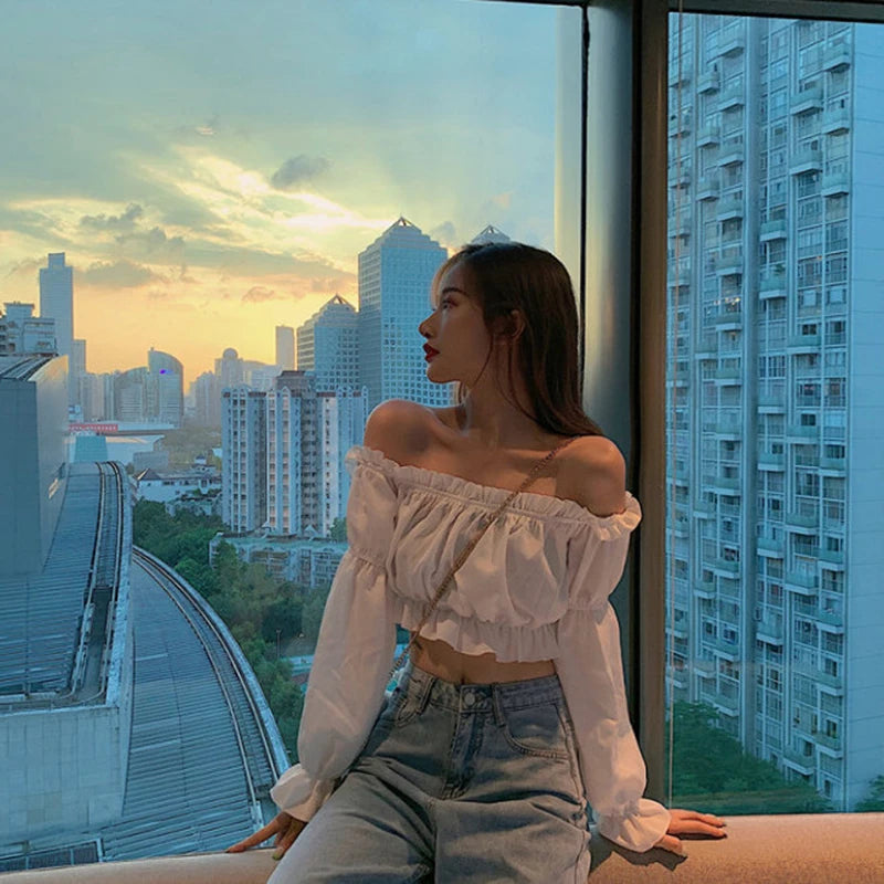Top Sexy para mujer, blusa con hombros descubiertos, Top de manga larga de Color sólido, camisa blanca, manga abombada, Túnica con volantes, Top corto de tubo de verano