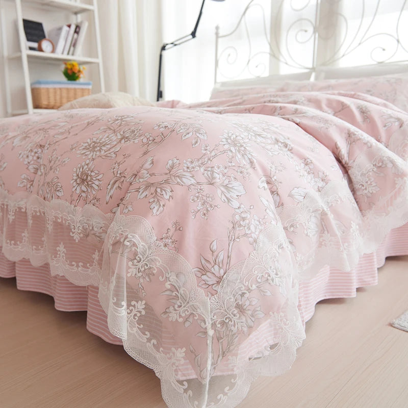 Juego de ropa de cama de princesa de encaje, funda nórdica con estampado de flores, fundas de almohada de estilo coreano, 100% algodón, tamaño King y Queen