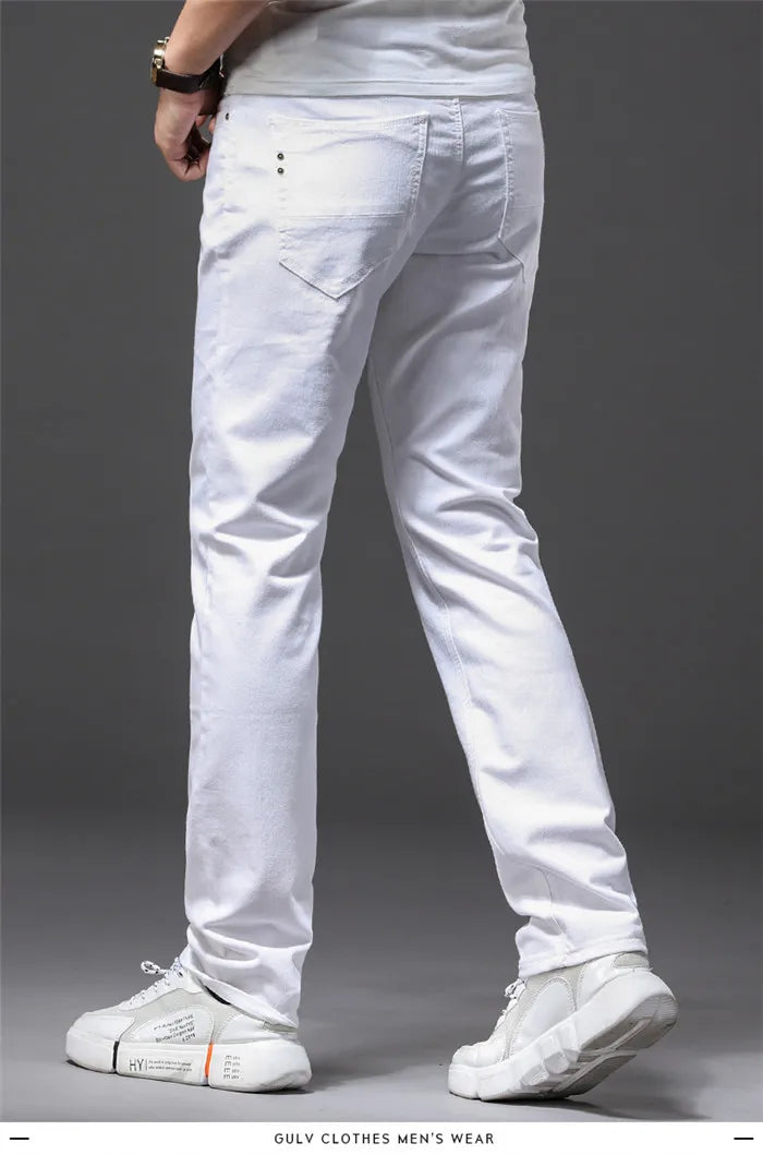 Pantalones vaqueros blancos para hombre, moda informal, estilo clásico, ajustados, suaves, pantalones elásticos avanzados de marca masculina