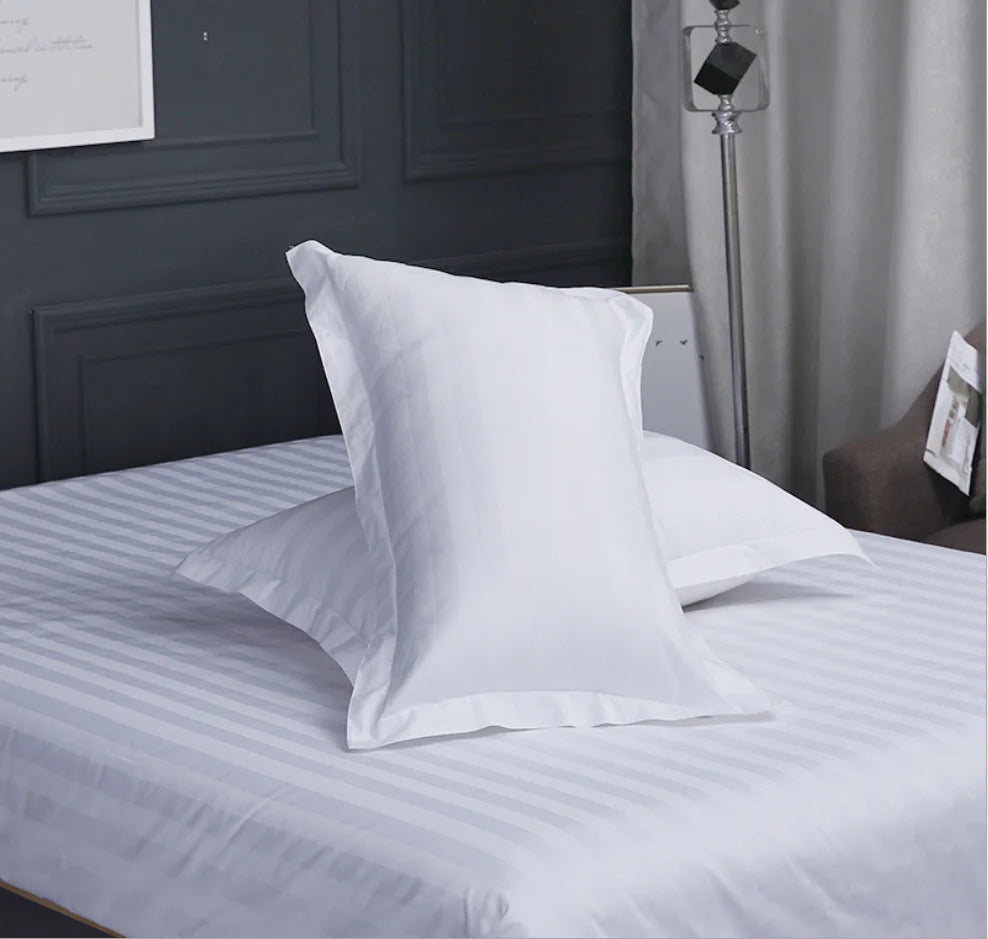 Juegos de cama de Hotel de algodón 100% con rayas de satén blanco, tamaño Queen y King, funda nórdica de Color sólido, sábanas, fundas de almohada, textiles para el hogar