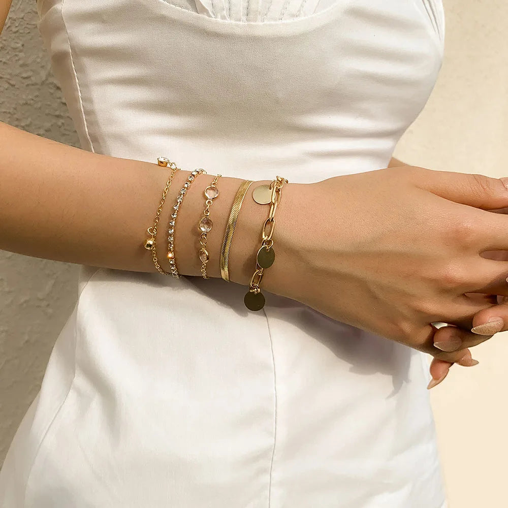 Conjunto de pulsera con colgante de lentejuelas y diamantes de imitación, cadena de hueso de serpiente plana bohemia, pulseras de moda geométricas para mujer, combinación de joyerÃa para niña