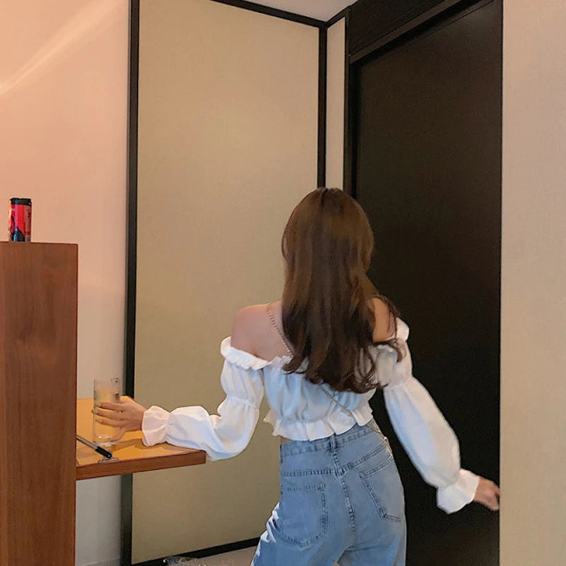 Top Sexy para mujer, blusa con hombros descubiertos, Top de manga larga de Color sólido, camisa blanca, manga abombada, Túnica con volantes, Top corto de tubo de verano