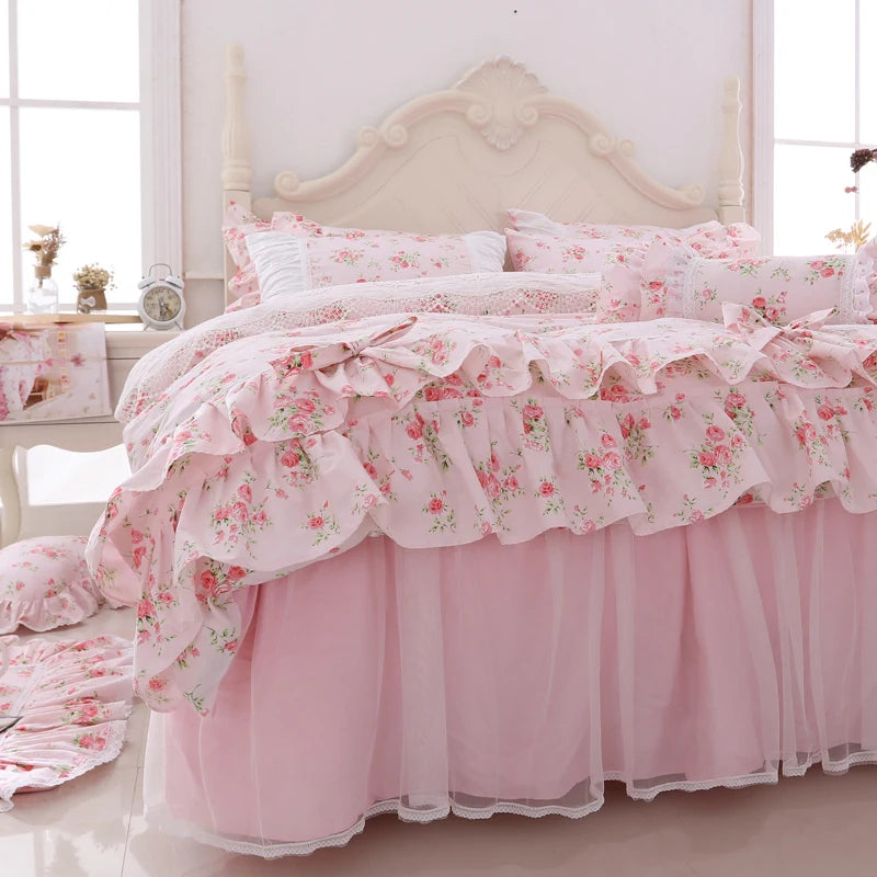 Juego de ropa de cama con estampado Floral para niñas, edredón con volantes de encaje, colcha, falda de cama, 100% algodón