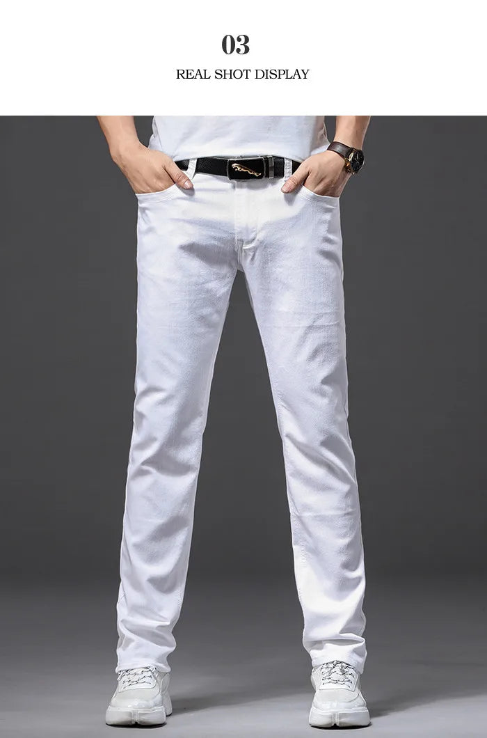 Pantalones vaqueros blancos para hombre, moda informal, estilo clásico, ajustados, suaves, pantalones elásticos avanzados de marca masculina