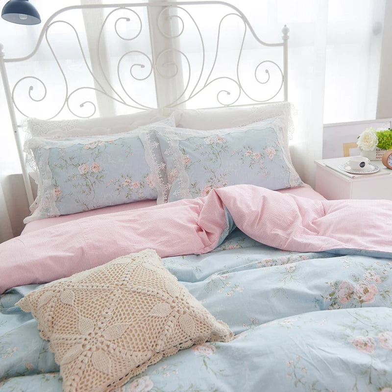 Juego de ropa de cama de princesa de encaje, funda nórdica con estampado de flores, fundas de almohada de estilo coreano, 100% algodón, tamaño King y Queen