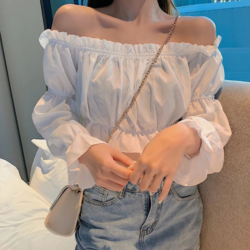 Top Sexy para mujer, blusa con hombros descubiertos, Top de manga larga de Color sólido, camisa blanca, manga abombada, Túnica con volantes, Top corto de tubo de verano