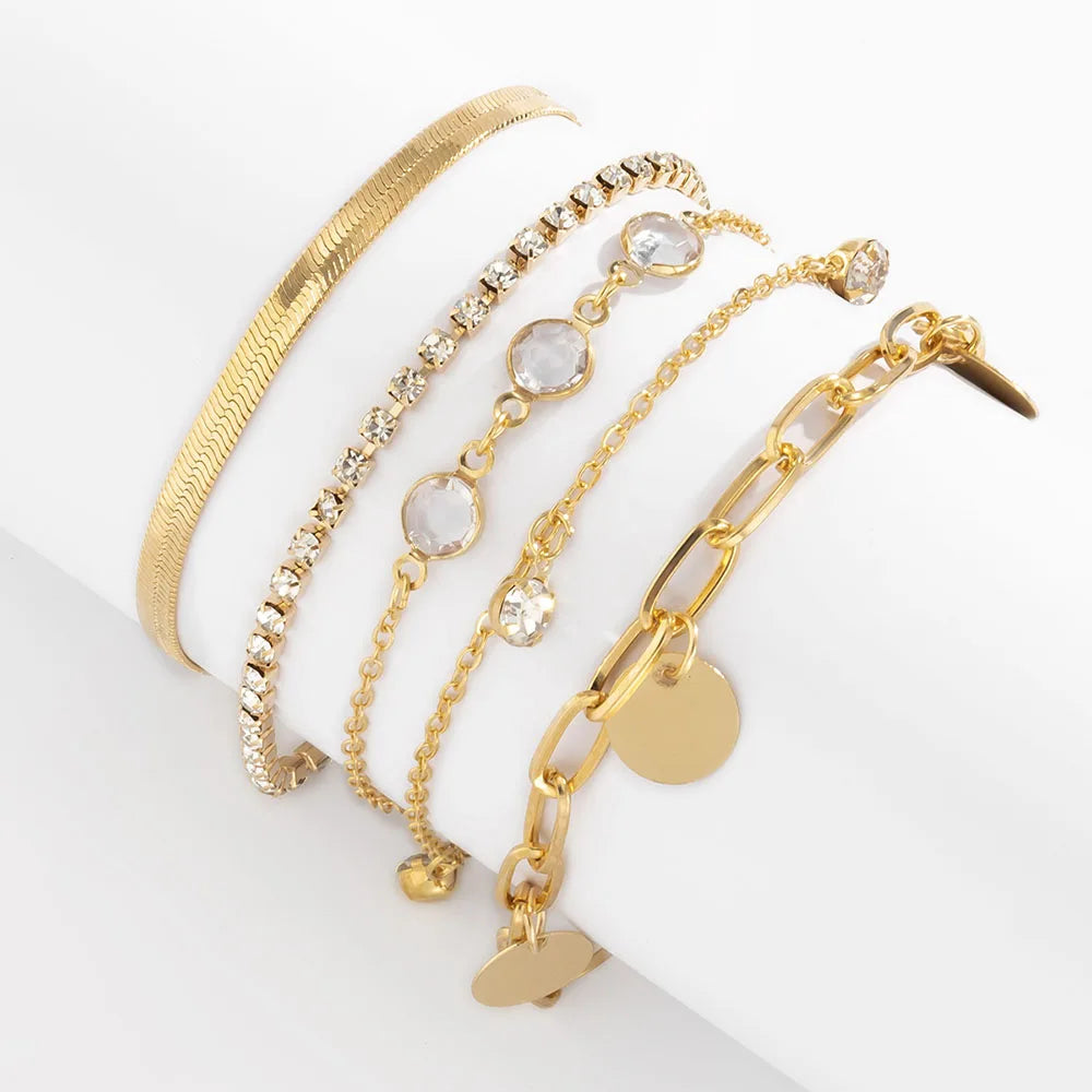 Conjunto de pulsera con colgante de lentejuelas y diamantes de imitación, cadena de hueso de serpiente plana bohemia, pulseras de moda geométricas para mujer, combinación de joyerÃa para niña