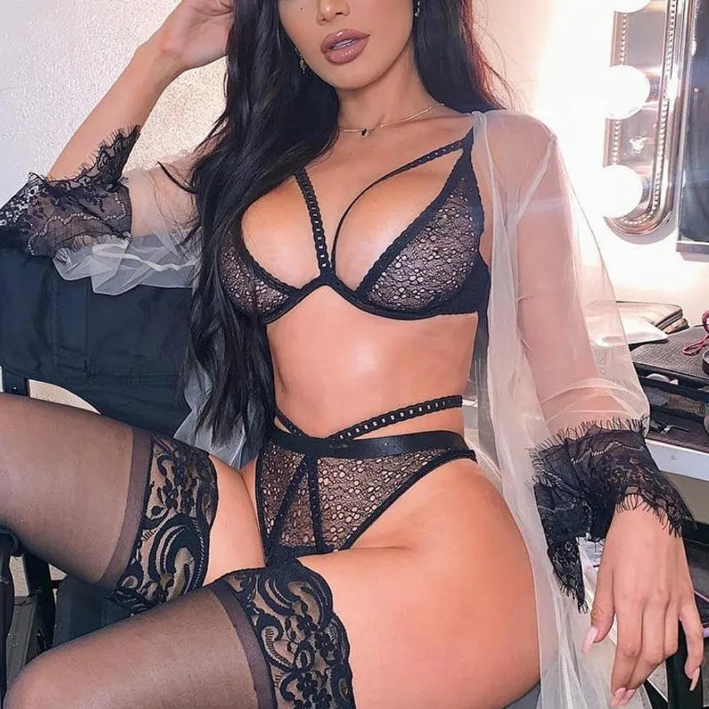S-3XL Lenceria Babydoll de talla grande, ropa interior Ãntima para mujer, conjunto de bragas y sujetador, liguero con Tanga, conjunto de lencerÃa Sexy