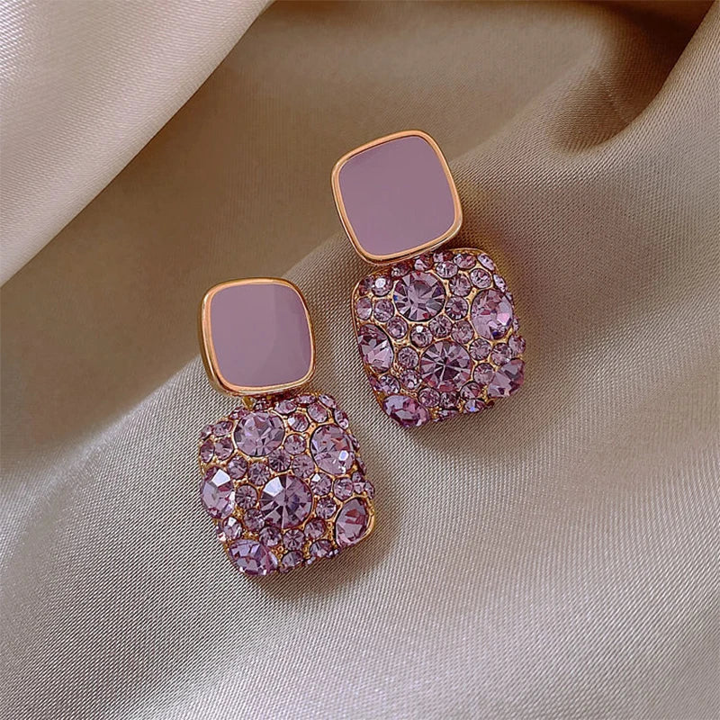 Nuevos pendientes geométricos de cristal brillante púrpura Vintage para mujer, pendientes de gota finos y encantadores, joyerÃa