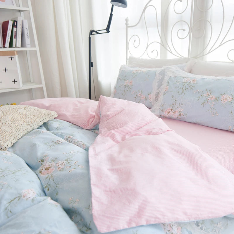 Juego de ropa de cama de princesa de encaje, funda nórdica con estampado de flores, fundas de almohada de estilo coreano, 100% algodón, tamaño King y Queen
