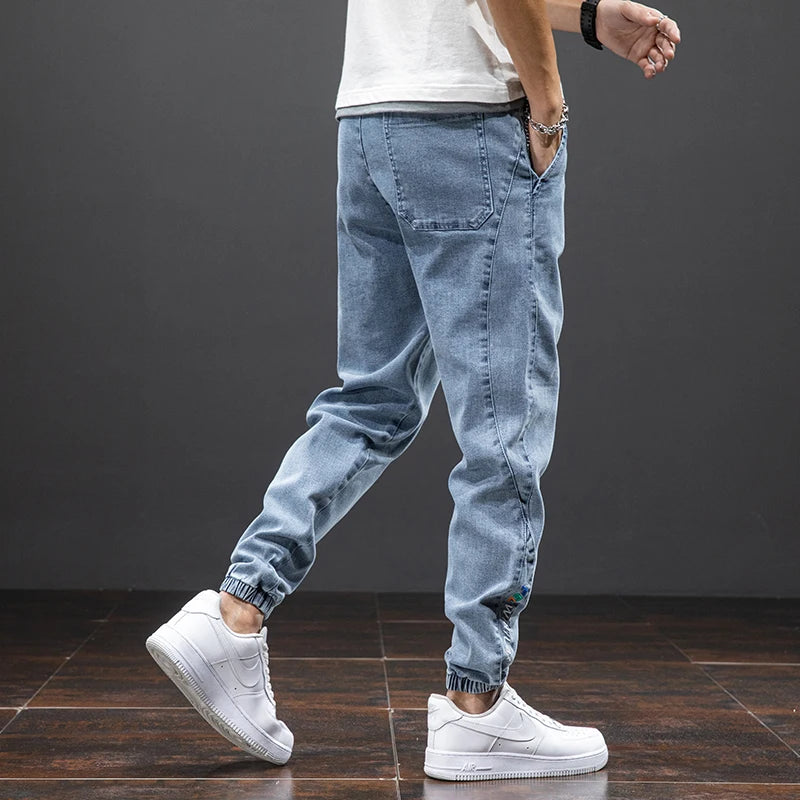 Primavera Verano negro azul Cargo Jeans hombres ropa de calle Denim Jogger pantalones hombres holgados Harem Jean pantalones de talla grande