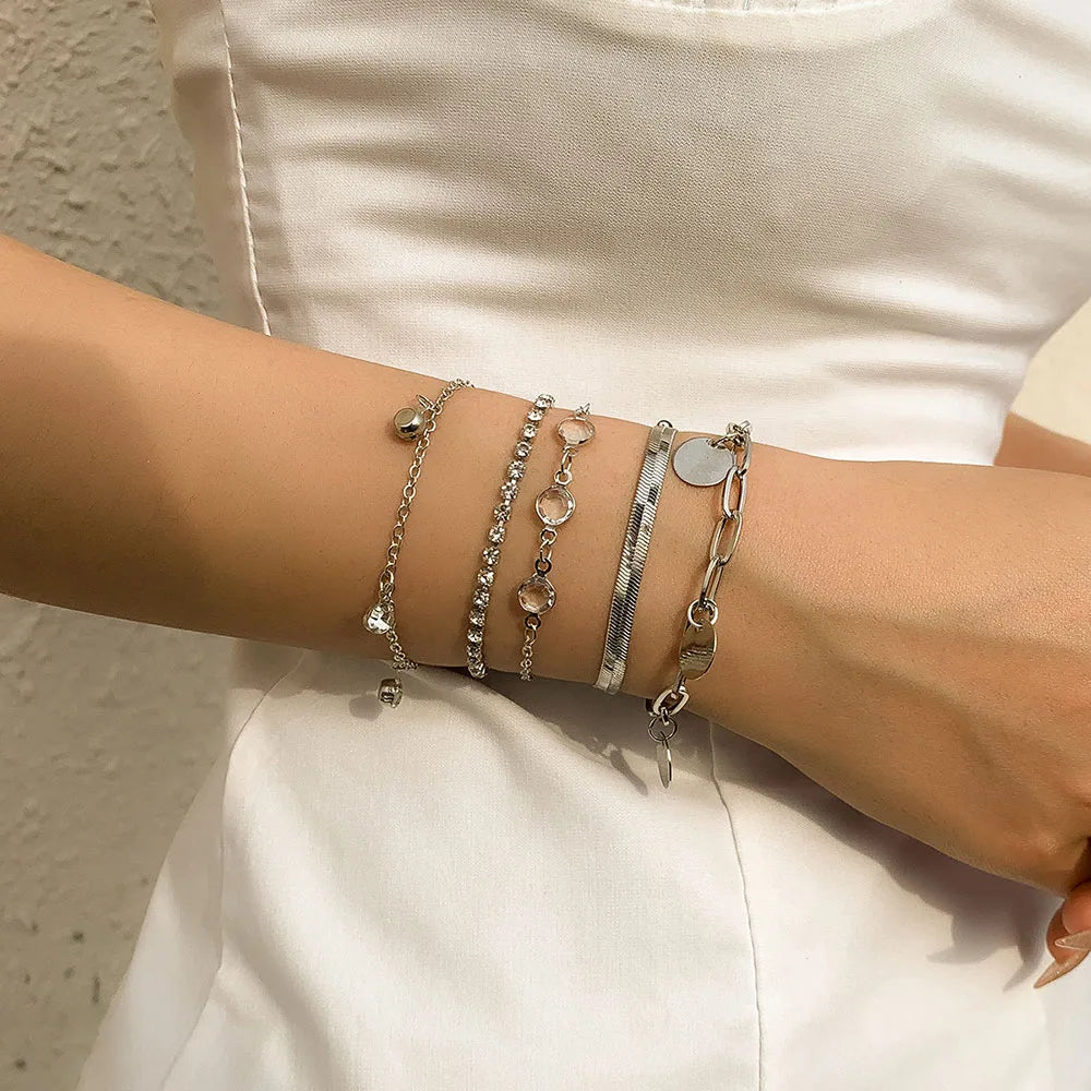 Conjunto de pulsera con colgante de lentejuelas y diamantes de imitación, cadena de hueso de serpiente plana bohemia, pulseras de moda geométricas para mujer, combinación de joyerÃa para niña