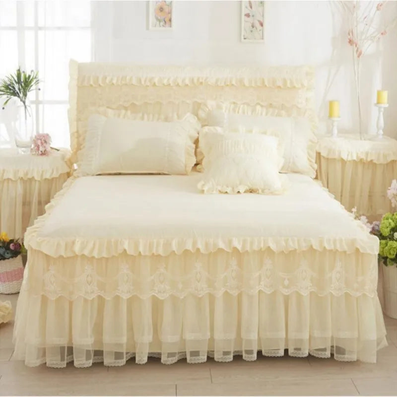 Ropa de cama de princesa de encaje de estilo coreano, faldas de cama, fundas de almohada, 100% de algodón, colchas Beige, funda de cama, textiles para el hogar de Color sólido