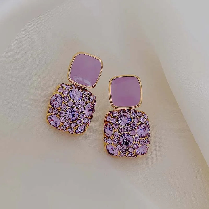 Nuevos pendientes geométricos de cristal brillante púrpura Vintage para mujer, pendientes de gota finos y encantadores, joyerÃa