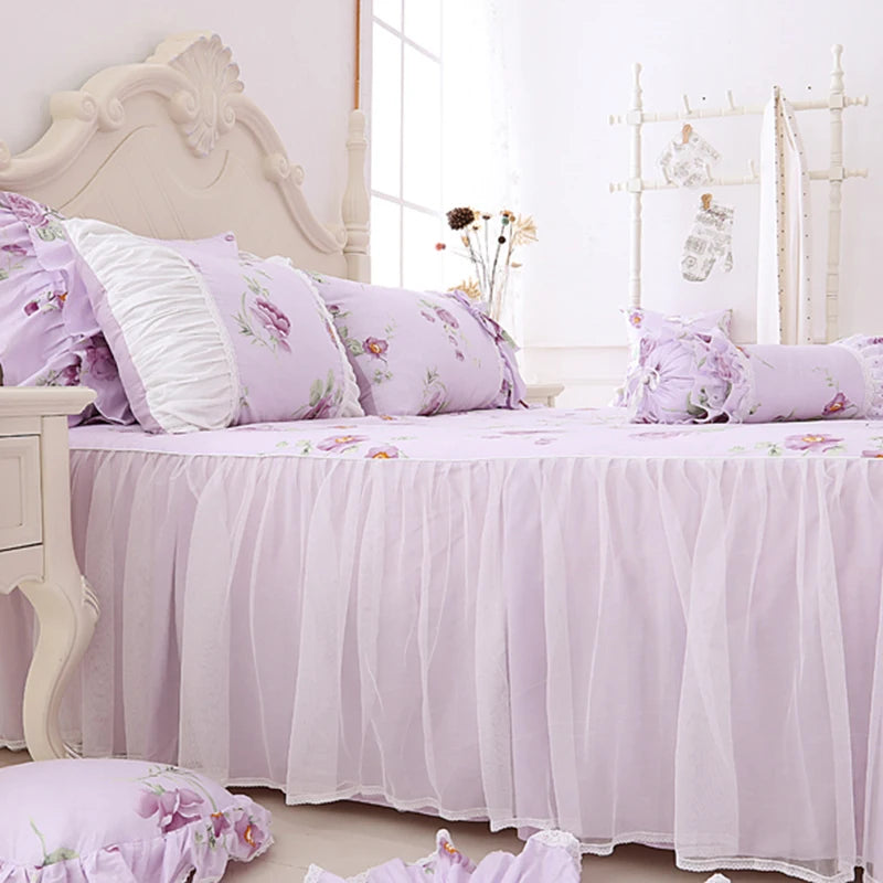Juego de ropa de cama con estampado Floral para niñas, edredón con volantes de encaje, colcha, falda de cama, 100% algodón