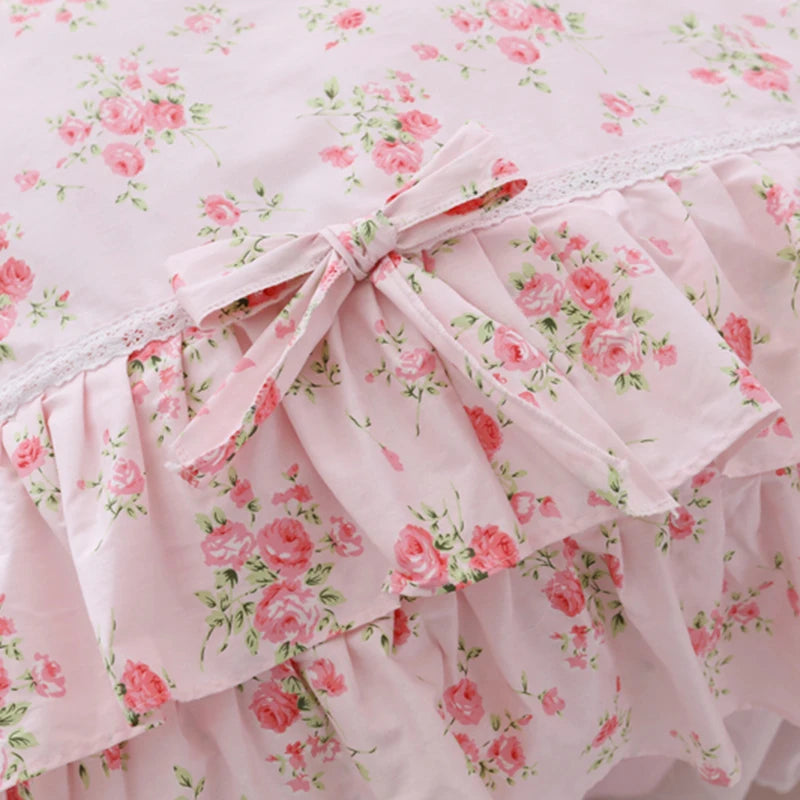 Juego de ropa de cama con estampado Floral para niñas, edredón con volantes de encaje, colcha, falda de cama, 100% algodón