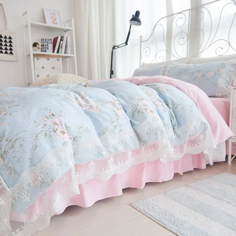 Juego de ropa de cama de princesa de encaje, funda nórdica con estampado de flores, fundas de almohada de estilo coreano, 100% algodón, tamaño King y Queen
