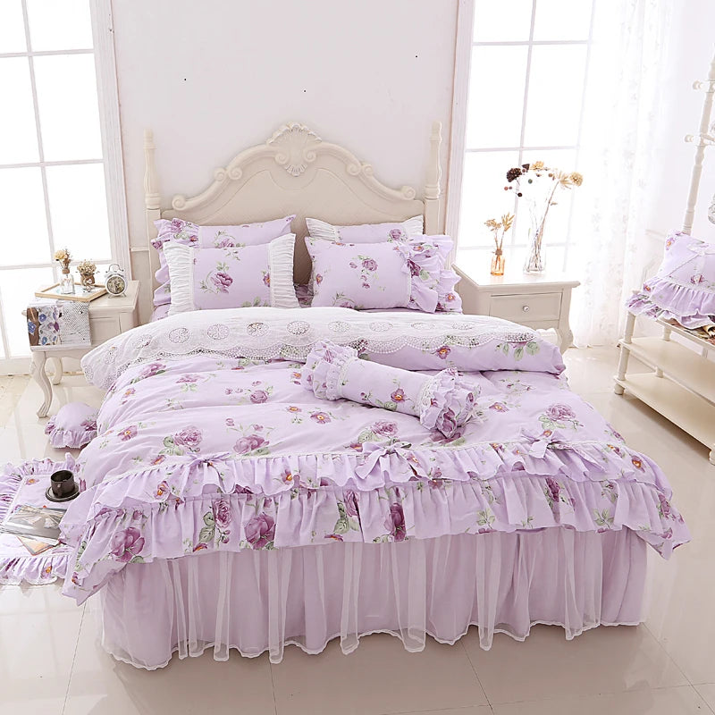Juego de ropa de cama con estampado Floral para niñas, edredón con volantes de encaje, colcha, falda de cama, 100% algodón