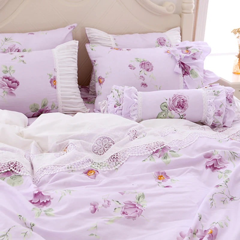Juego de ropa de cama con estampado Floral para niñas, edredón con volantes de encaje, colcha, falda de cama, 100% algodón