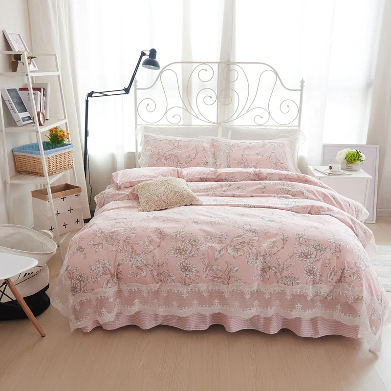 Juego de ropa de cama de princesa de encaje, funda nórdica con estampado de flores, fundas de almohada de estilo coreano, 100% algodón, tamaño King y Queen