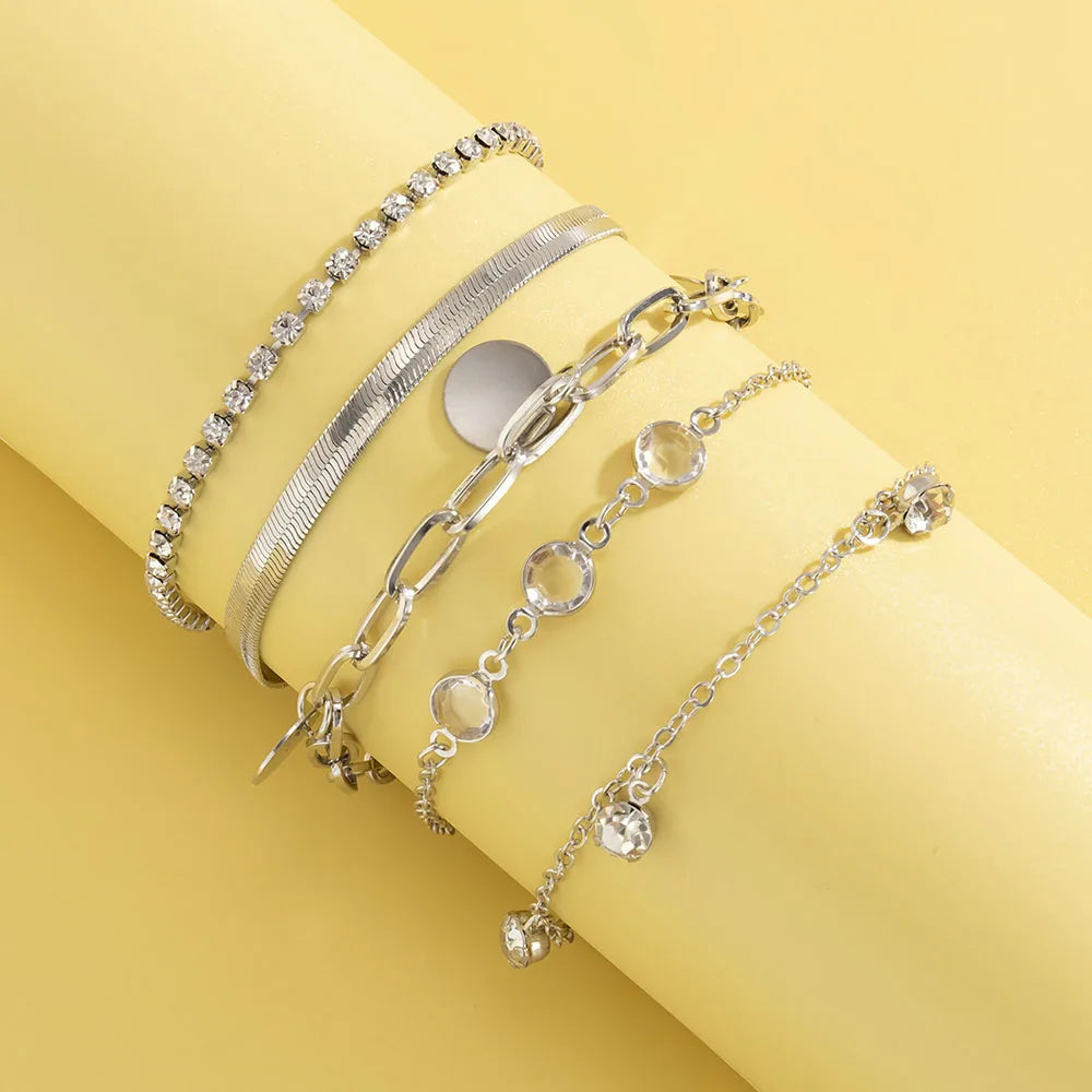 Conjunto de pulsera con colgante de lentejuelas y diamantes de imitación, cadena de hueso de serpiente plana bohemia, pulseras de moda geométricas para mujer, combinación de joyerÃa para niña