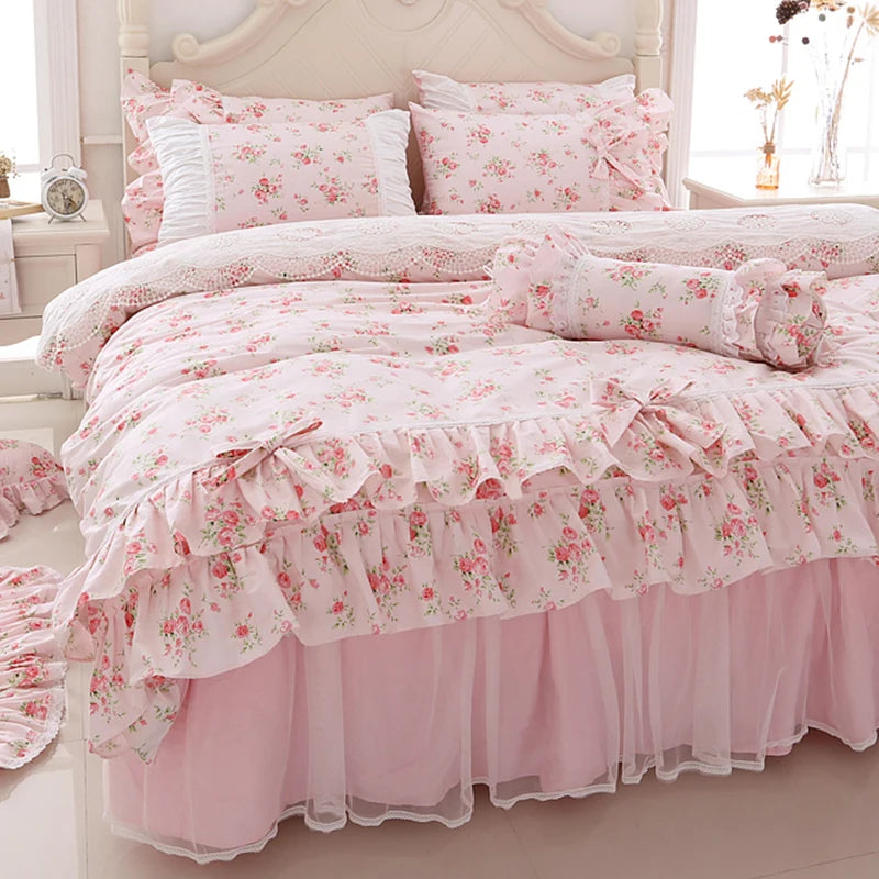 Juego de ropa de cama con estampado Floral para niñas, edredón con volantes de encaje, colcha, falda de cama, 100% algodón