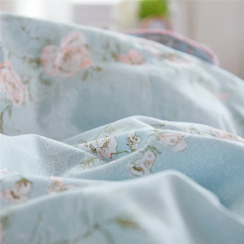 Juego de ropa de cama de princesa de encaje, funda nórdica con estampado de flores, fundas de almohada de estilo coreano, 100% algodón, tamaño King y Queen
