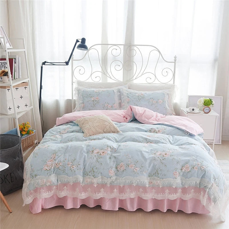 Juego de ropa de cama de princesa de encaje, funda nórdica con estampado de flores, fundas de almohada de estilo coreano, 100% algodón, tamaño King y Queen