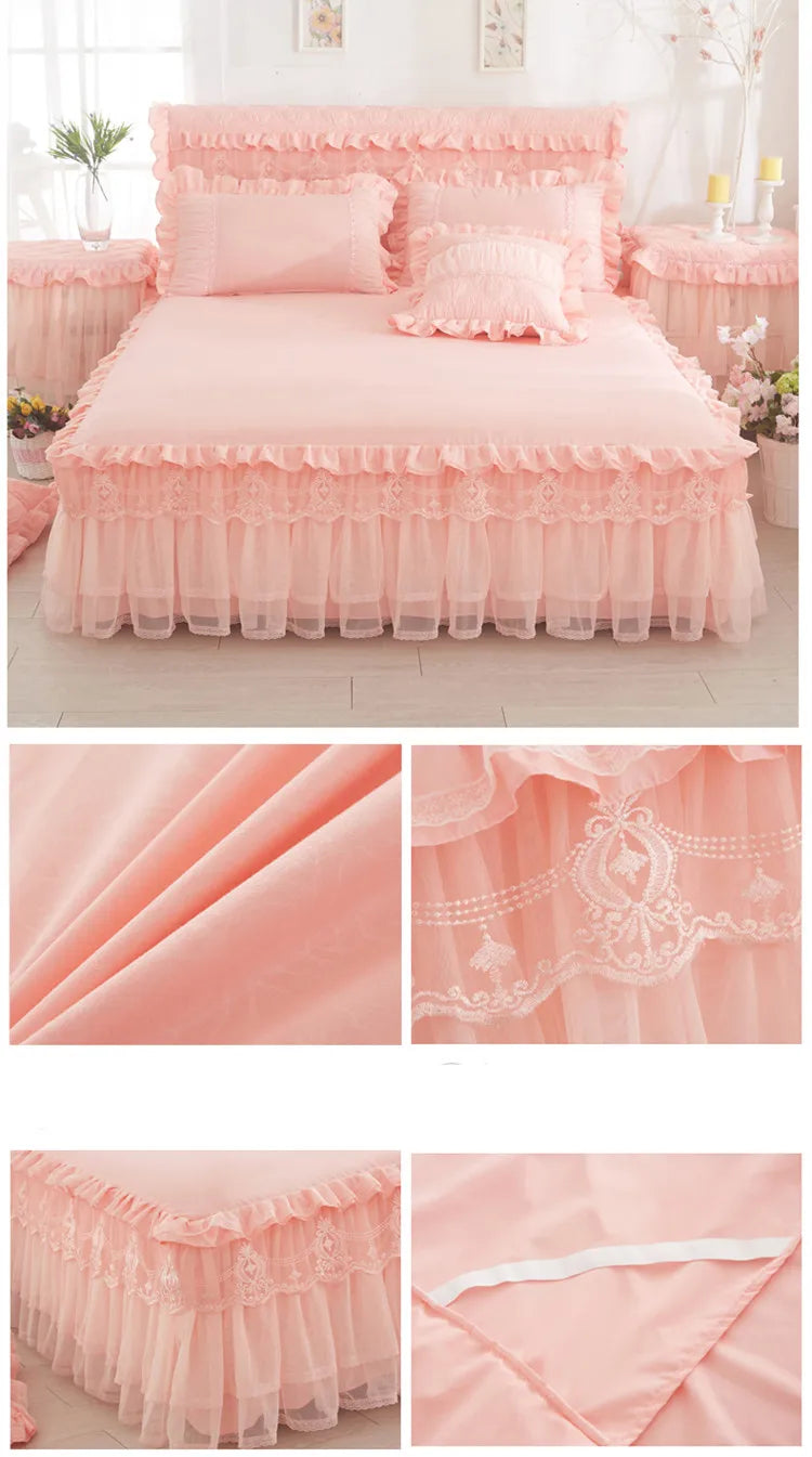 Ropa de cama de princesa de encaje de estilo coreano, faldas de cama, fundas de almohada, 100% de algodón, colchas Beige, funda de cama, textiles para el hogar de Color sólido