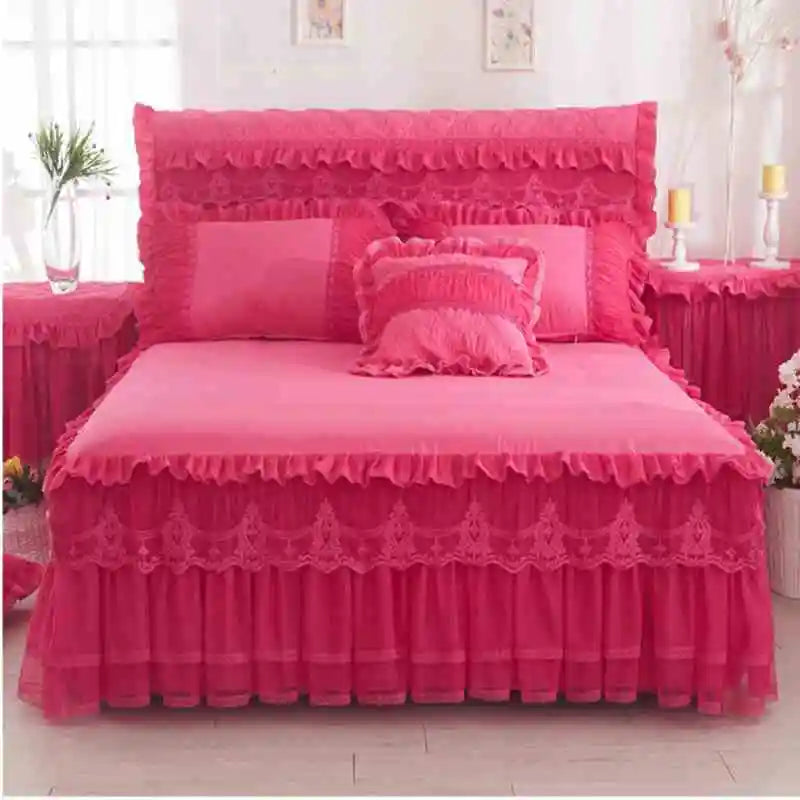 Ropa de cama de princesa de encaje de estilo coreano, faldas de cama, fundas de almohada, 100% de algodón, colchas Beige, funda de cama, textiles para el hogar de Color sólido
