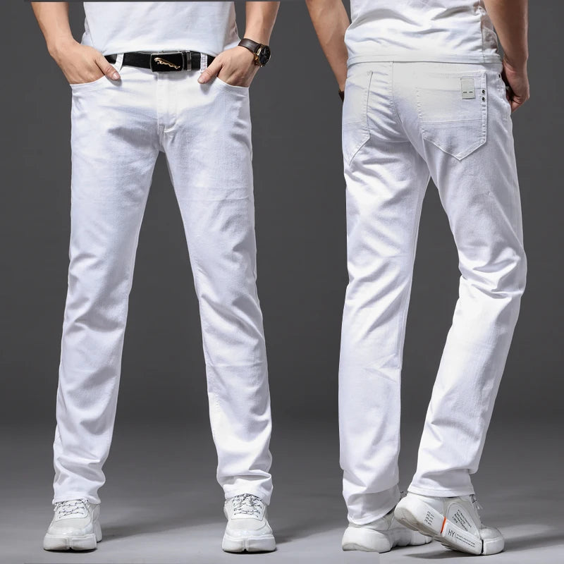 Pantalones vaqueros blancos para hombre, moda informal, estilo clásico, ajustados, suaves, pantalones elásticos avanzados de marca masculina