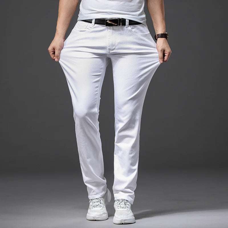 Pantalones vaqueros blancos para hombre, moda informal, estilo clásico, ajustados, suaves, pantalones elásticos avanzados de marca masculina