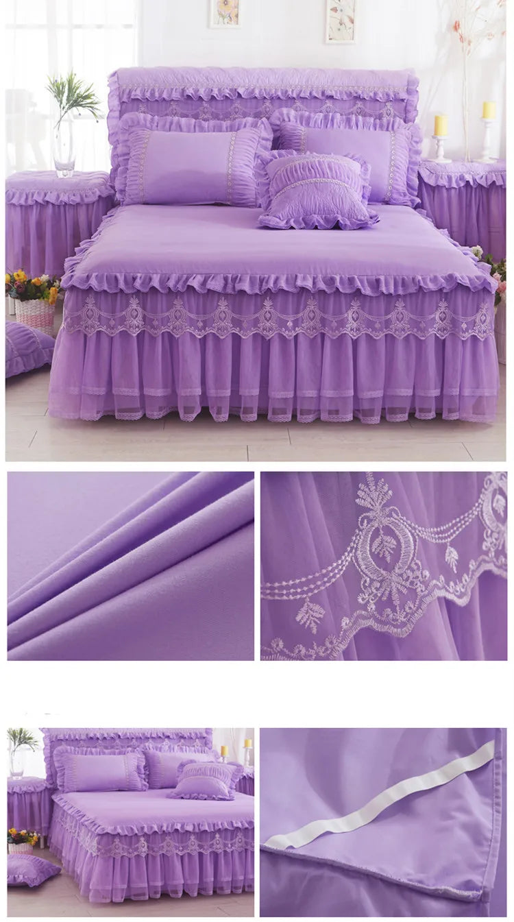 Ropa de cama de princesa de encaje de estilo coreano, faldas de cama, fundas de almohada, 100% de algodón, colchas Beige, funda de cama, textiles para el hogar de Color sólido