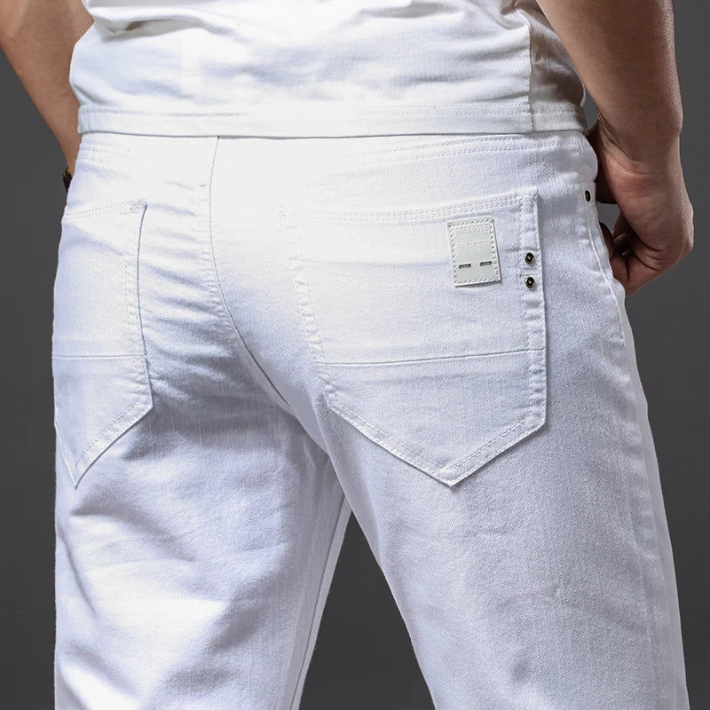 Pantalones vaqueros blancos para hombre, moda informal, estilo clásico, ajustados, suaves, pantalones elásticos avanzados de marca masculina