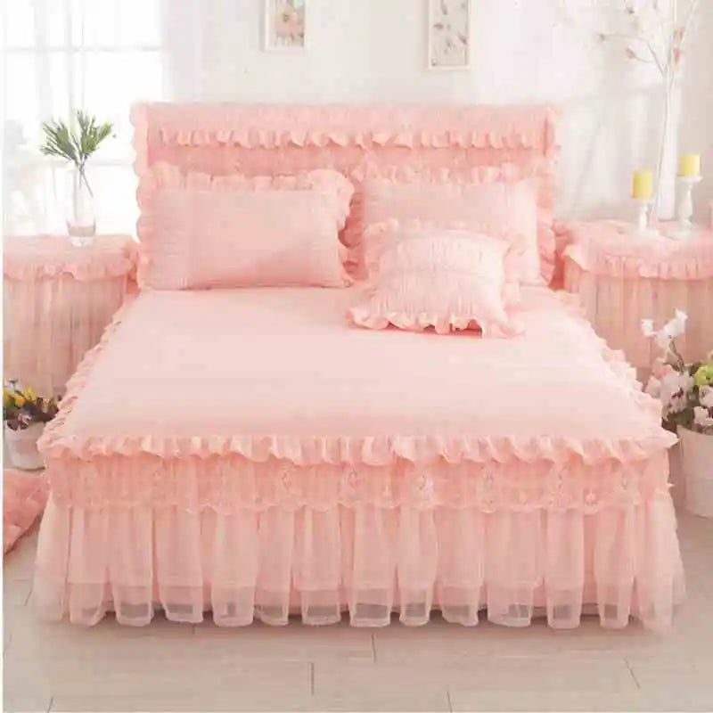 Ropa de cama de princesa de encaje de estilo coreano, faldas de cama, fundas de almohada, 100% de algodón, colchas Beige, funda de cama, textiles para el hogar de Color sólido