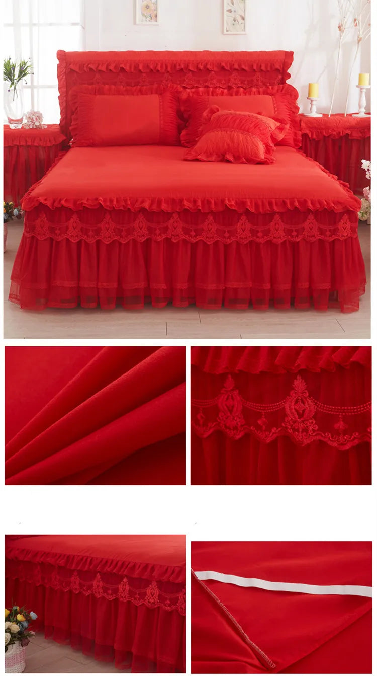 Ropa de cama de princesa de encaje de estilo coreano, faldas de cama, fundas de almohada, 100% de algodón, colchas Beige, funda de cama, textiles para el hogar de Color sólido